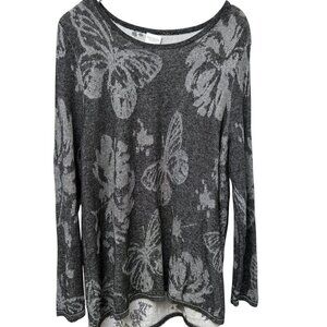 CHICO'S Weekend Womens Sweater XL Gray Butterfly Floral Cotton Knit Pullover
